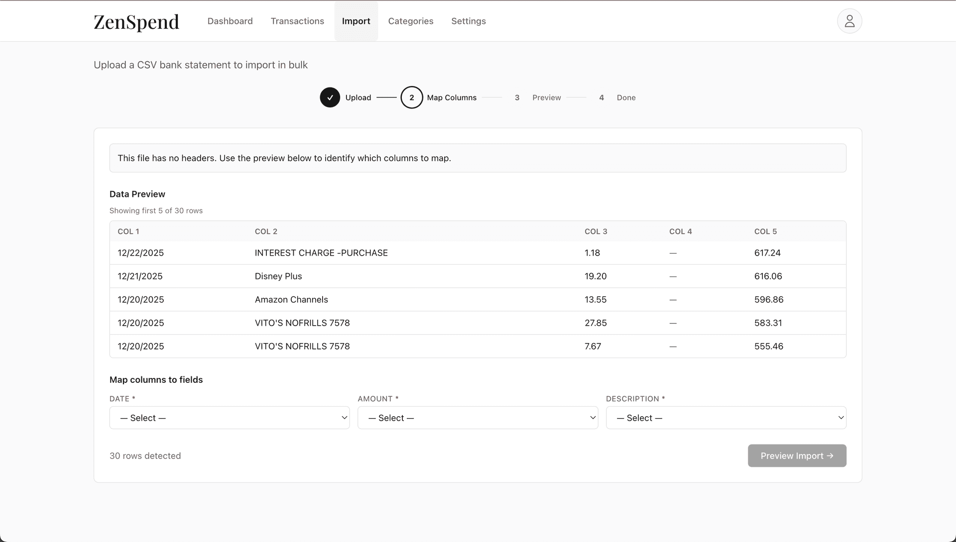 Column mapping interface