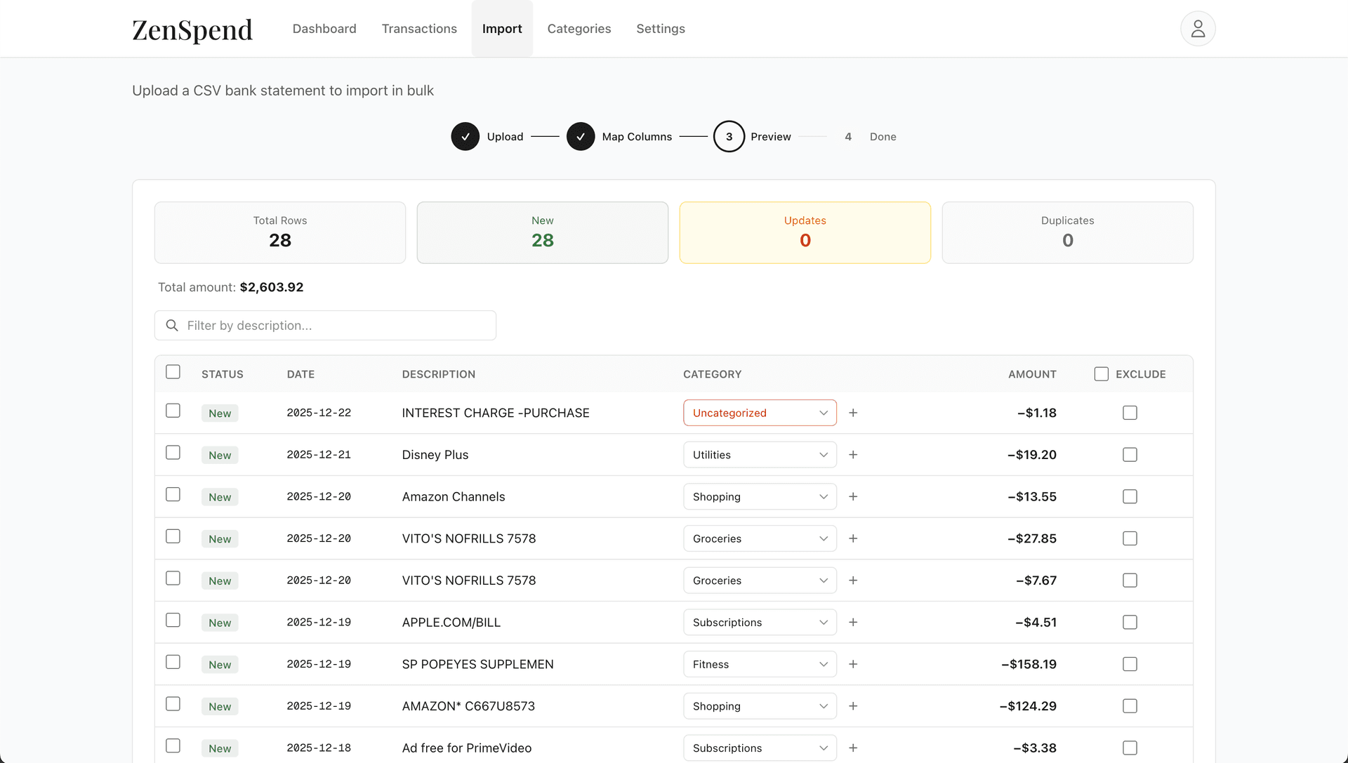 Import preview showing transactions