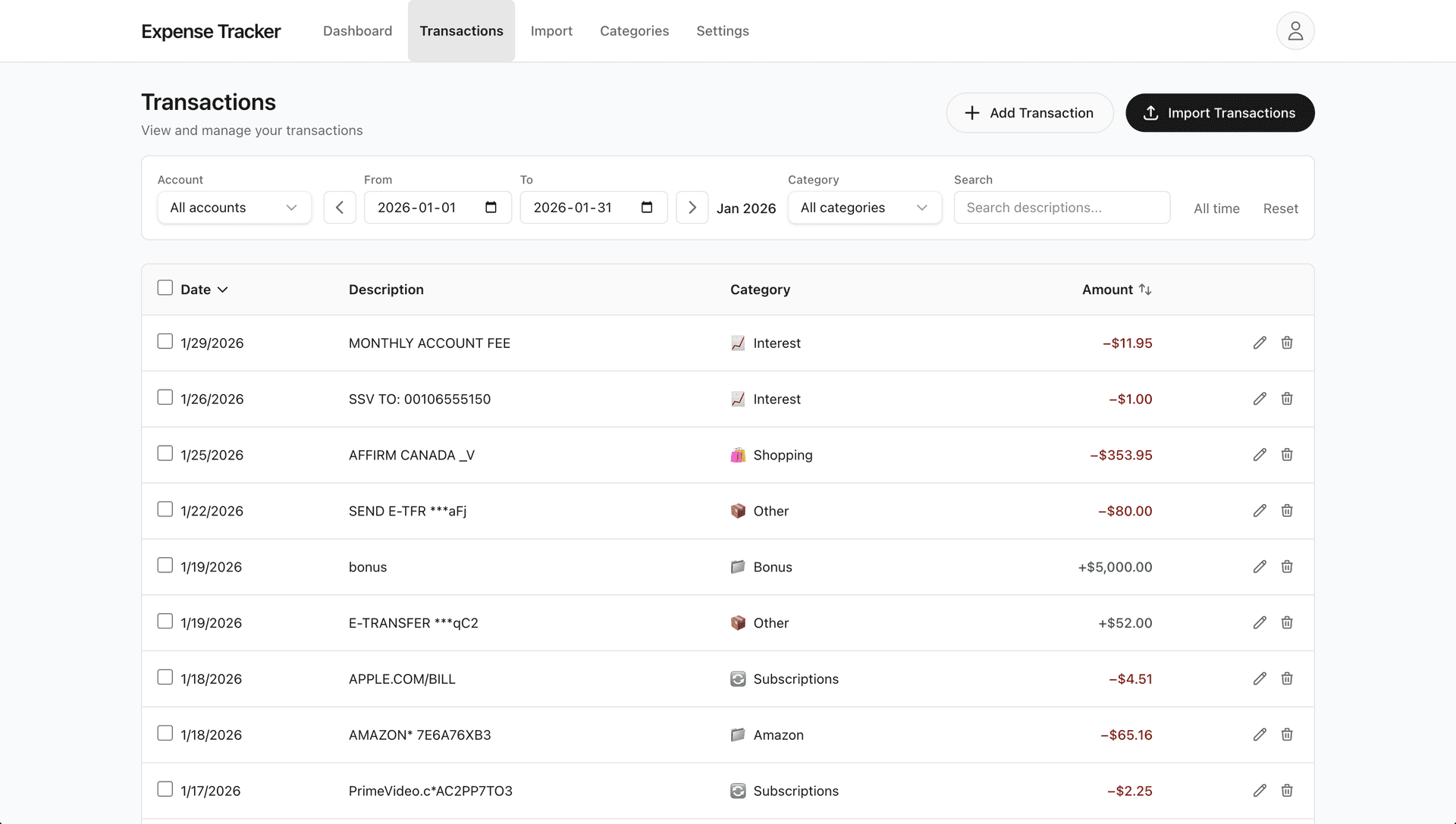 Transactions list page